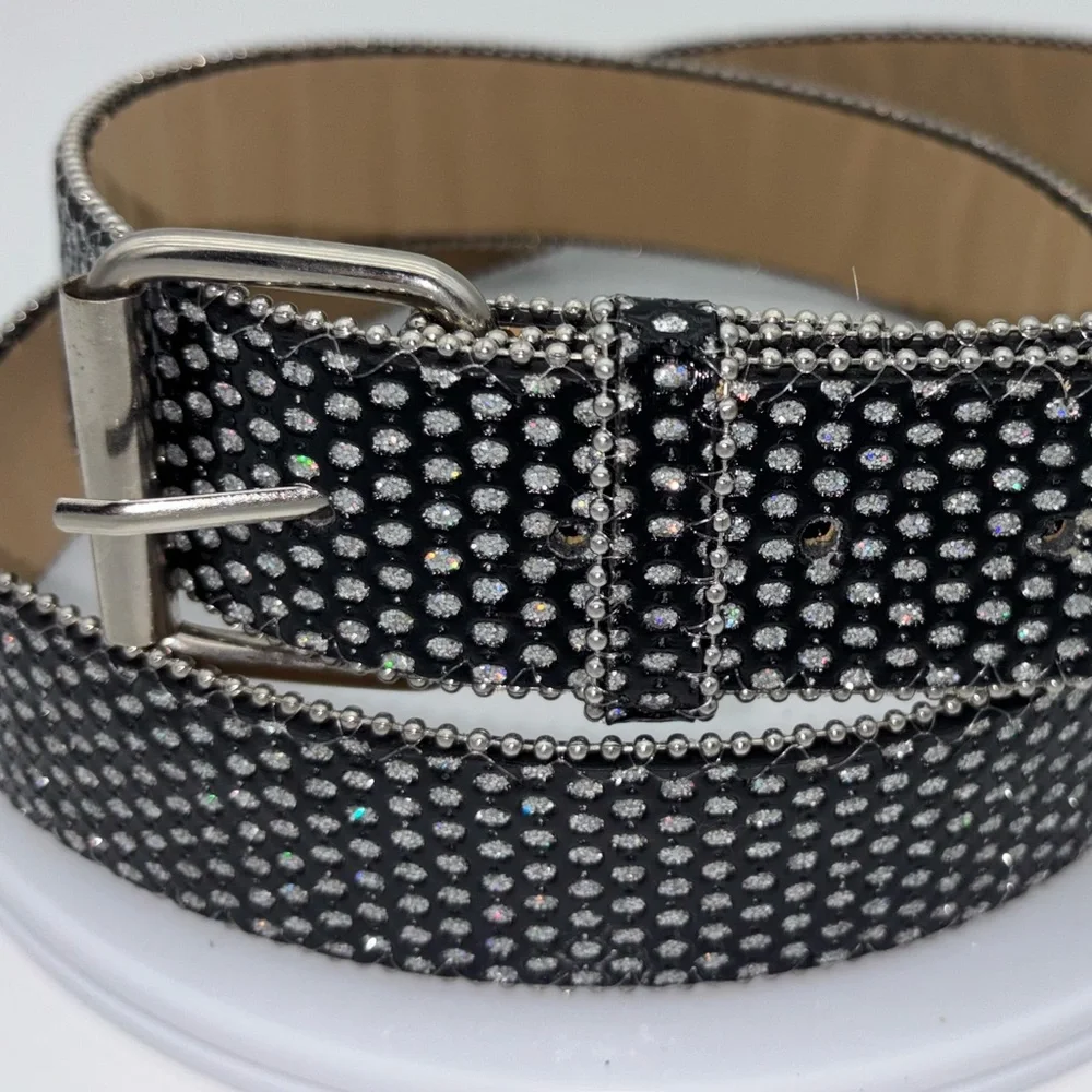 BLACK RHINESTONE BELT Western Y2K Women's Emo Goth‎ Studded Silver Streetwear 2X